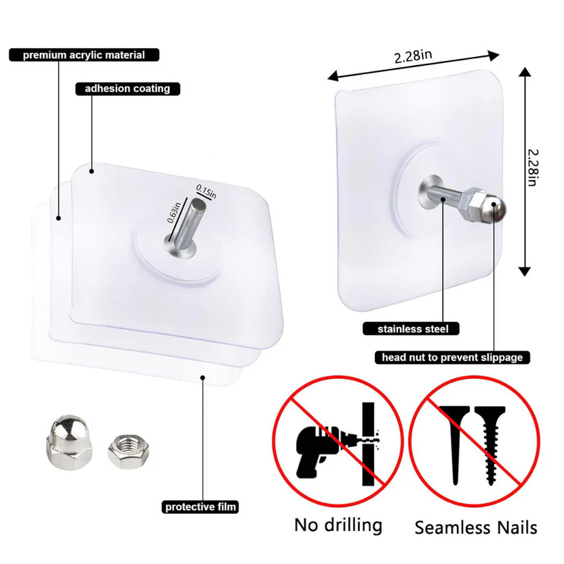 Heavy-Duty Transparent Adhesive Wall Hooks – No Drill, Strong & Reusable