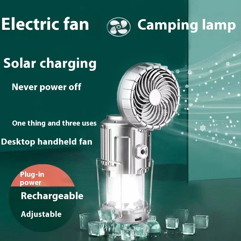 “Solar & USB Rechargeable Fan with LED Light – Portable Cooling for Ramadan & Daily Use